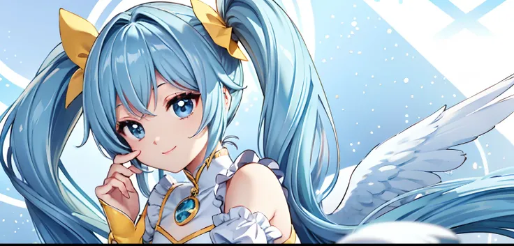 Angel wings shining in seven colors、Kawaii Girl、adorable smiling、Light blue long hair、Twin-tailed、Yellow and white angel leotard、((top-quality))、((​masterpiece))、(ighly detailed、highestdetailed、Official art、Beautifully Aesthetic:1.2)