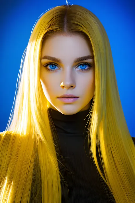 Face Barbara Palvin、Yellow hair、Longhaire、Blue eyes、Realistic Woman、Yellow aura、Black background、fulＨＤ、