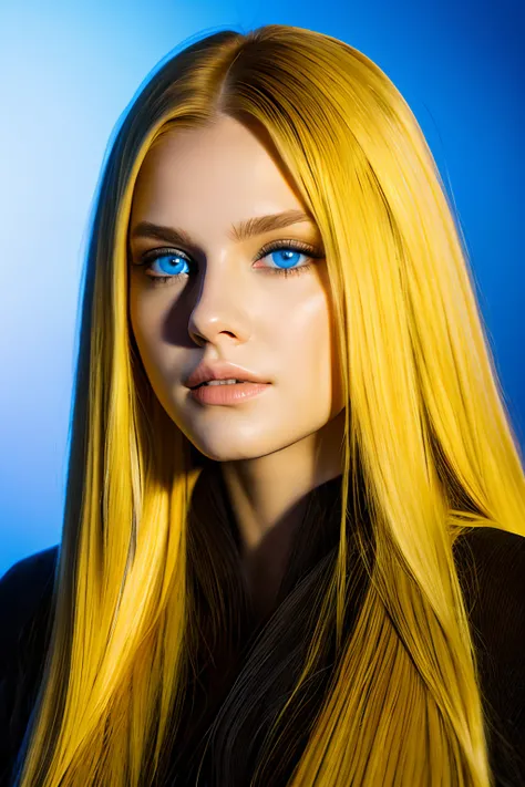 Face Barbara Palvin、Yellow hair、Longhaire、Blue eyes、Realistic Woman、Yellow aura、Black background、fulＨＤ、