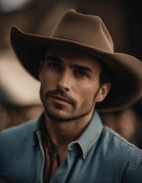 Cinematic portrait, ((Upper body)), Facing the audience, (reality :1.3), most beautiful artwork photo in the world, A man looks at the camera, Vintage denim outfits, Western cowboy, Detailed beautiful face, action  shot, (Intricate :1.4), Western backgroun...