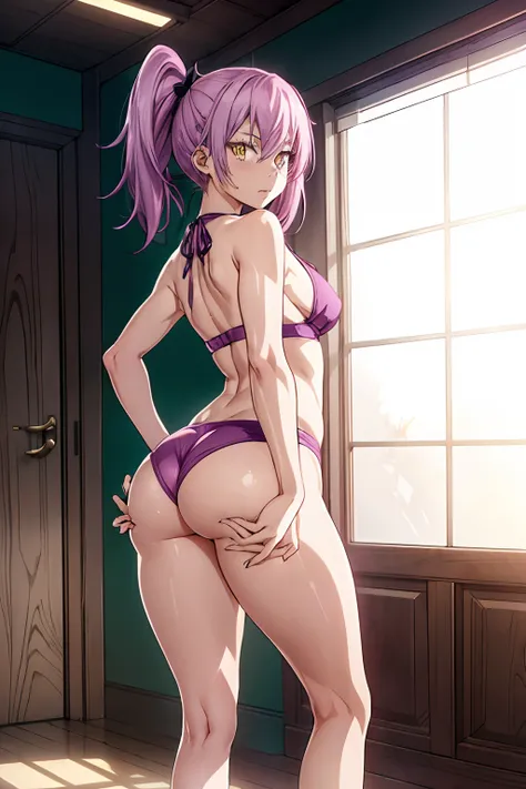 1 girl from an anime with purple hair, in the room, 1 girl, Only, ((sadistic)), yellow eyes, Purpose, pink hair, looking at me, ((censorship)), ((Lastly)), wearing a bikini short, (((Side ponytail))), (((toned legs))), thick muscular thighs, slim waist, mu...