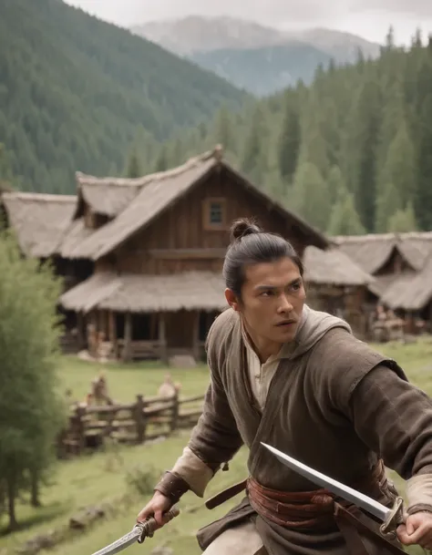 masterpiece, very detailed, ultra realistic, detailed background, bright lighting, daylighting,, (swordsman fighting bandits in a square surrounded by forests), (mountain hut), (wide angle),