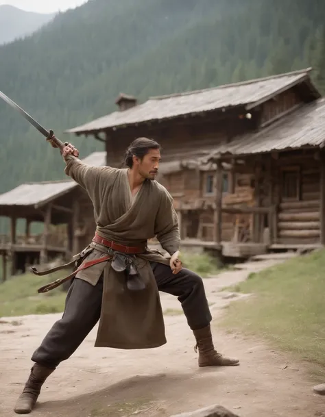 masterpiece, very detailed, ultra realistic, detailed background, bright lighting, daylighting,, (swordsman fighting bandits in a square surrounded by forests), (mountain hut), (wide angle),