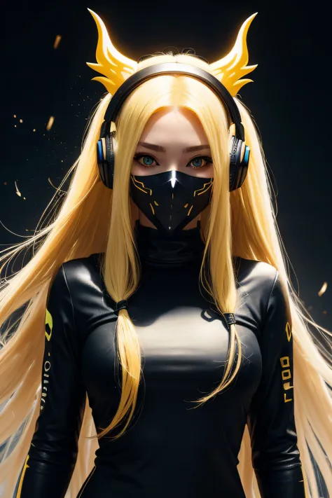 girl with long yellow hair, yellow eyes, futuristic vibes, mask on mouth, headphones, 8k, high quality, simple background, glowi...