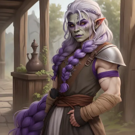 Androgynous Half orc with long silver hair French braided with purple skin