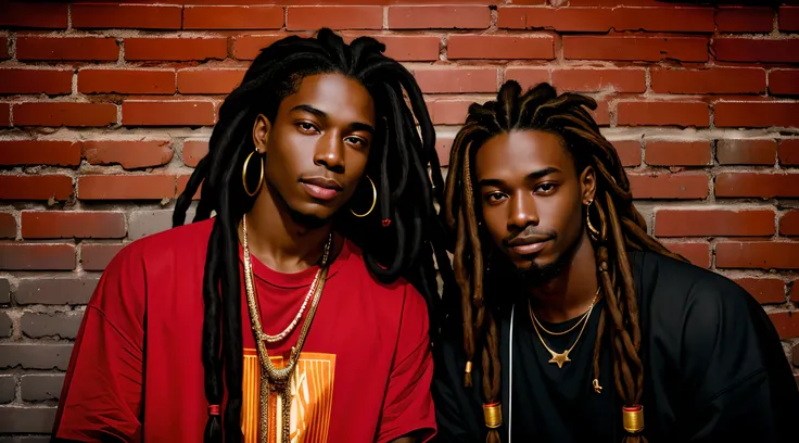 Retro, 90s, hazy film, realistic, black man, dark skin, long dreadlocks, red clothes, gold jewelry, half body, serious expression, brick wall, streetwear, light smile