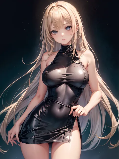 top-quality、Full limbs、complete fingers、one beautiful women、Beautiful Large Breasts、Longhaire、straight haired、blondehair、((Black One Piece Dress、a miniskirt))、Naughty Poses、Raw feet、is standing