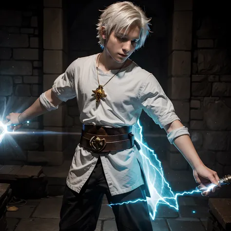 21 year old cleric boy, short white hair, radiant powers, light powers, dungeons and dragons style, fantasy,