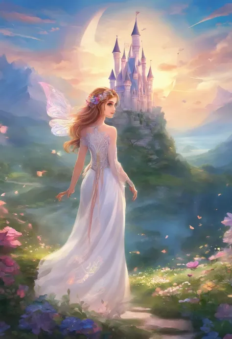 Woman in white dress standing in front of castle, in style of disney animation, very magical and dreamy, beautiful anime scene, The most beautiful scenes, Great Great Composition, in white clouds fairyland, anime barbie in white, lost in a dreamy fairy lan...