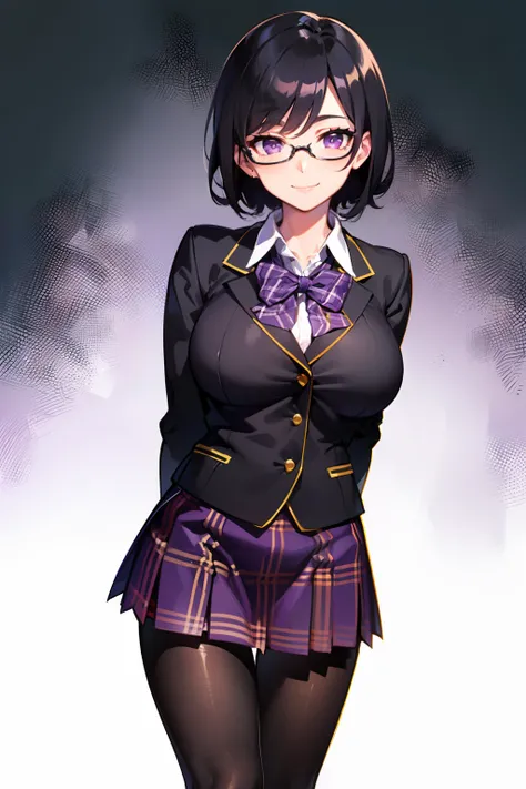 (masterpiece), best quality, perfect anatomy, nice hands, perfect hands, 1girl, (solo:1.5), (glasses, semi-rimless eyewear:1.2), (black hair, short hair:1.3), (smile, purple eyes:1.3), (breasts, large breasts:1.3), (pantyhose, skirt, plaid skirt, school un...