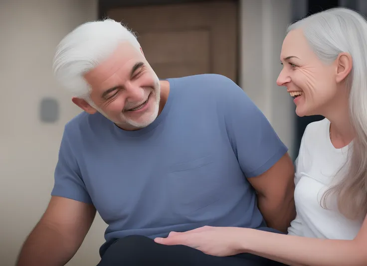 Thin darker skinned man looks lovingly at a shorter, fat, white woman with white hair