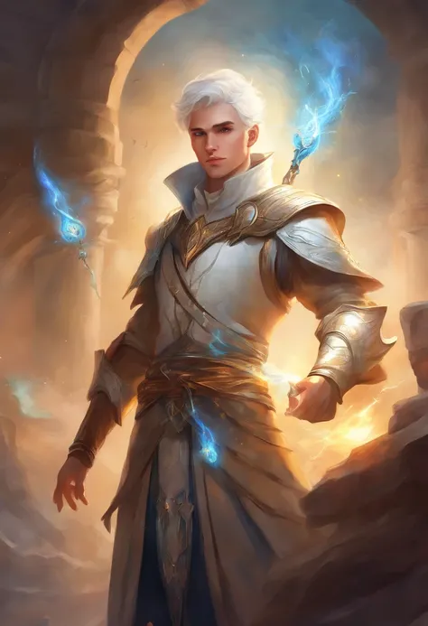 fantasy short white haired cleric, 21 year old, boy, dungeons and dragons style, realistic, light power, 80’s dark fantasy, tired eyes, blue eyes, searing holy light