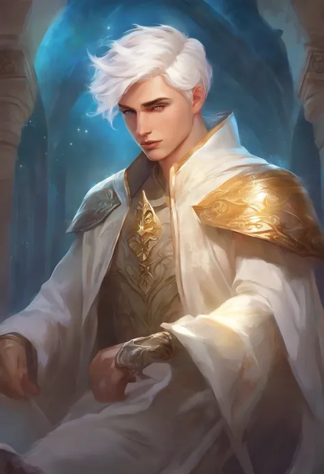 fantasy short white haired cleric, 21 year old, boy, dungeons and dragons style, realistic, light power, 80’s dark fantasy, tired eyes, blue eyes, searing holy light