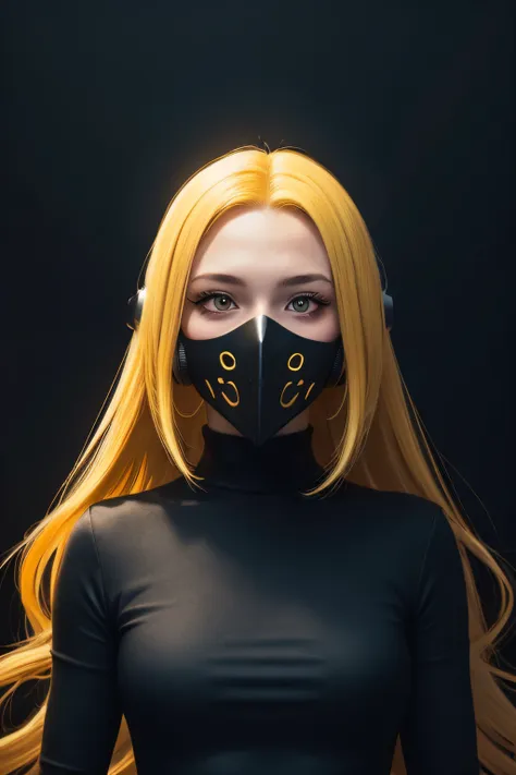 girl with long yellow hair, yellow eyes, futuristic vibes, mask on mouth, headphones, 8k, high quality, simple background, glowi...