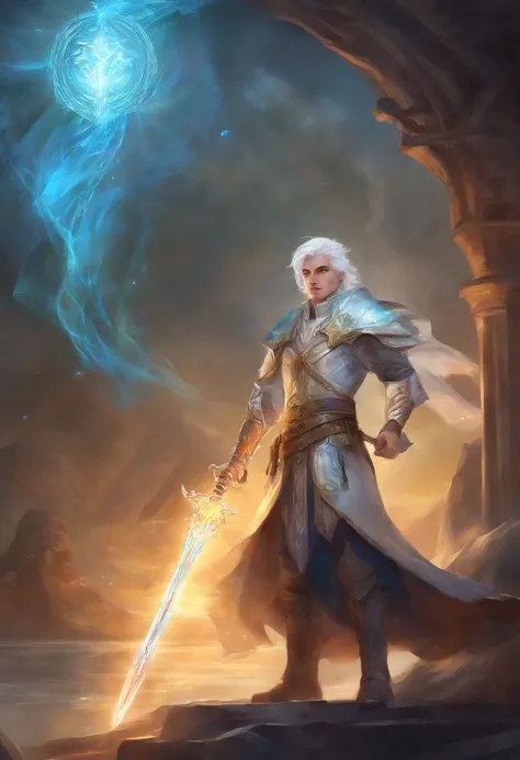 fantasy short white haired cleric, young adult, boy, dungeons and dragons style, realistic, light power, 80’s dark fantasy, tired eyes, blue eyes, searing holy light