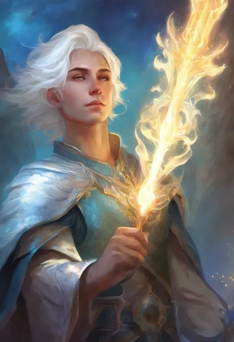 fantasy short white haired cleric, young adult, boy, dungeons and dragons style, realistic, light power, 80’s dark fantasy, tired eyes, blue eyes, searing holy light