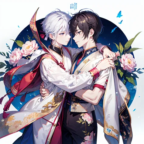 masutepiece, of the highest quality, Ultra Detail, festival,two male hugging,full body,anime illustrated,Semi-real,Transparent watercolor、 gay male relationship