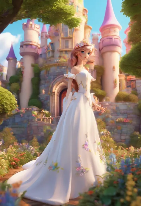 Woman in white dress standing in front of castle, in style of disney animation, very magical and dreamy, beautiful anime scene, The most beautiful scenes, Wonderful wonderful composition, in white clouds fairyland, anime barbie in white, lost in a dreamy f...