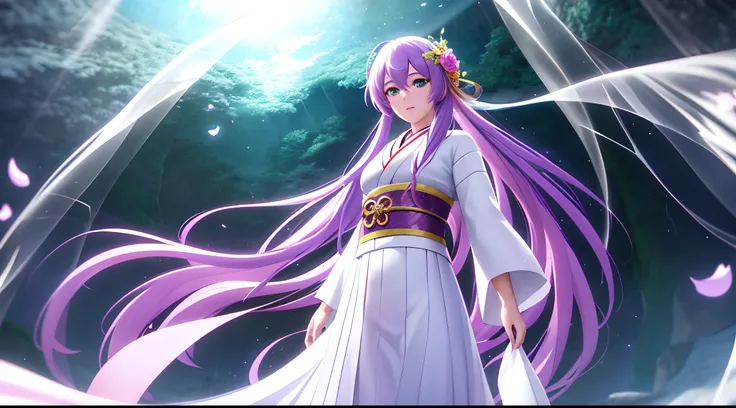 Athena with plain long light purple hair,hair between eyes,green eyes,rosy cheeks,full lips,thin eyebrows,slender body,wearing flowers kimono and full long skirt,cute anime girl,full body,ice cave river in background,anime style,Lumen Reflections,Screen Sp...