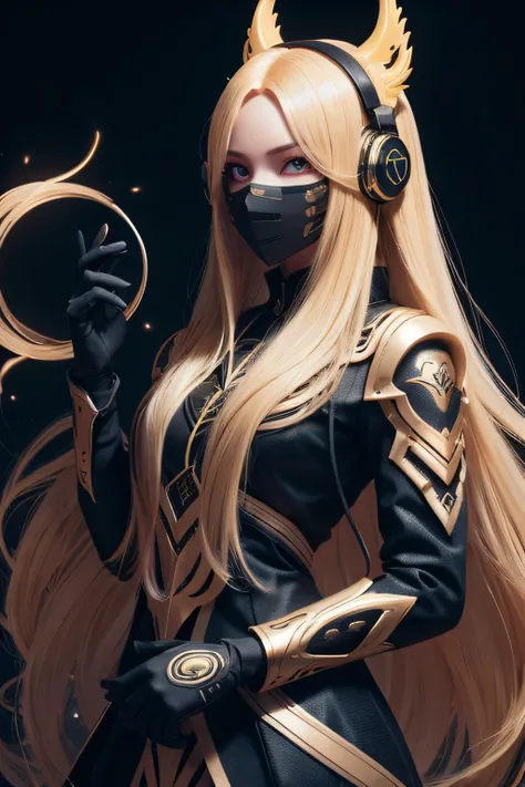 girl with long yellow hair, yellow eyes, futuristic vibes, mask on mouth, headphones, 8k, high quality, simple background, glowing eyes, nice pose