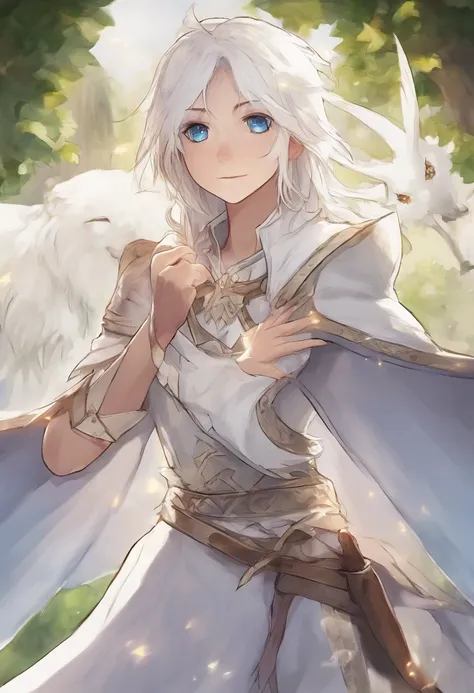 fantasy short white haired cleric, young adult, boy, dungeons and dragons style, realistic, light power, 80’s dark fantasy, tired eyes, blue eyes, searing holy light