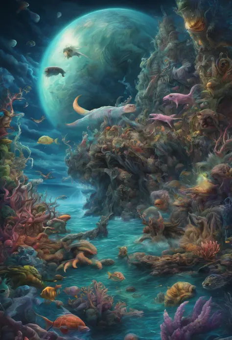 Psychedelic ocean scenes, fantasy horror, colorful nightmares, moon monsters and scary creatures