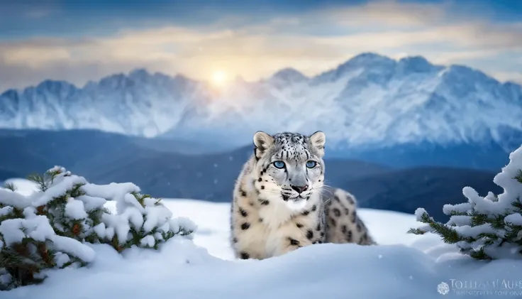 Posters for scientific research journals, Protect the earths ecology, White snow-capped mountains, Nature views, A cute little snow leopard frolicks in the snow, snowflakes falling, blue open sky, atmosphric perspective, mystical forest, 超高分辨率, Attention t...