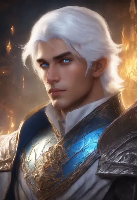 fantasy short white haired cleric, young adult boy, dungeons and dragons style, realistic, light power, 80’s dark fantasy, tired eyes, blue eyes, searing holy light