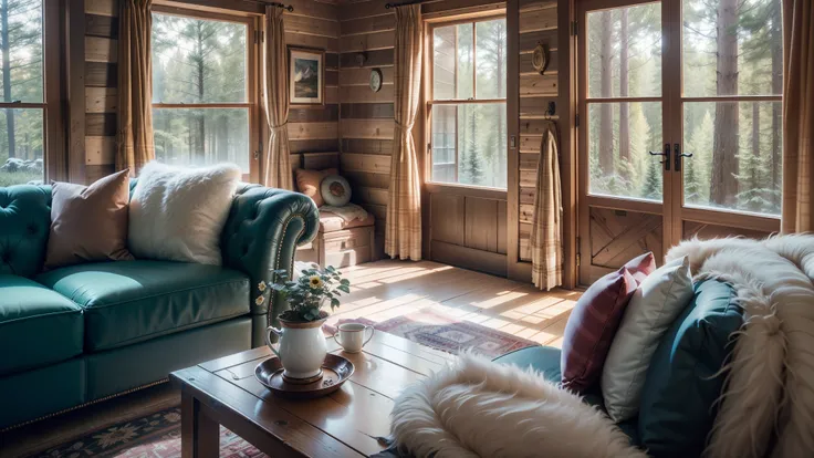 a dreamhouse cabin, in the woods, interior design, cozy, couch, throw blankets, fur rug, large windows, vogue editorial, HD, 4k, realism, realistic, photo realistic, hyper detailed,  RAW photo, film grain --auto --s2