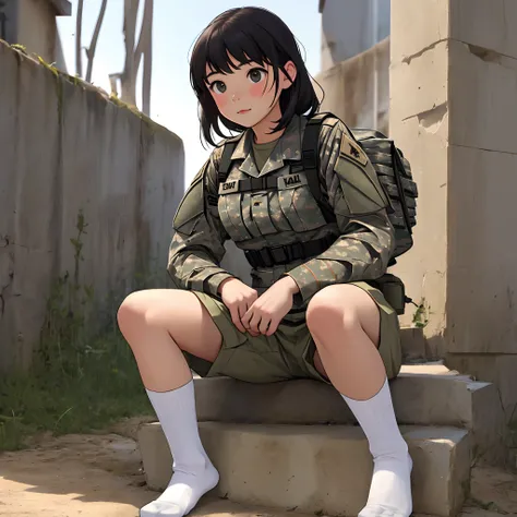 A girl wearing small white socks is a female soldier