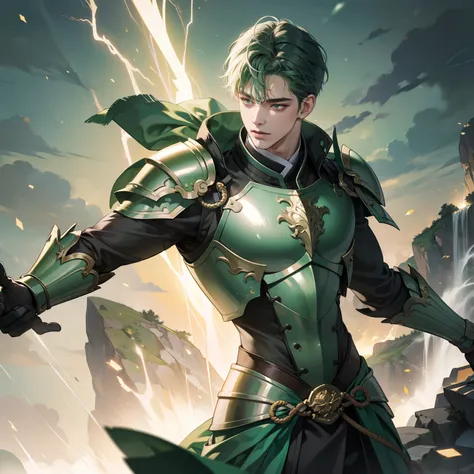 Masterpiece, high quality, best quality, HD, realistic, perfect lighting, detailed body, 1 man, green korean hair, calm expression, bunglon armor, lightning background.