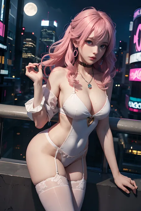 Masterpiece, Best quality, Night, full_Moon, Cityscape, In the cyberpunk city, Real, Huge_filesize, the wallpaper, Girl, Medium hair, Pink hair, Wavy hair, view the viewer, aqua eyes, Small breasts, serafuku, sailor suite, White pantyhose, Earrings, jewelr...