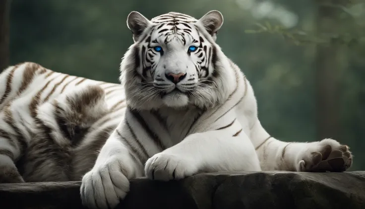 （２White Tiger King：1.5）, Elegant with gray hair,Stand strong， (Solid white: 1.3), (Shining blue eyes), Delicate fur, Finely drawn face, sharpteeth, nice tail, Realistic Forest, Low contrast, (Medium and near focal lengths: 1.3), of the highest quality, Ext...