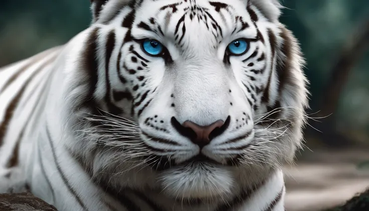 （２White Tiger King：1.5）, Elegant with gray hair,Stand strong， (Solid white: 1.3), (Shining blue eyes), Delicate fur, Finely drawn face, sharpteeth, nice tail, Realistic Forest, Low contrast, (Medium and near focal lengths: 1.3), of the highest quality, Ext...