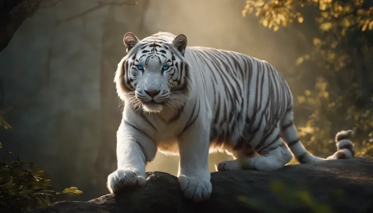 （２White Tiger King：1.5）, Elegant with gray hair,Stand strong， (Solid white: 1.3), (Shining blue eyes), Delicate fur, Finely drawn face, sharpteeth, nice tail, Realistic Forest, Low contrast, (Medium and near focal lengths: 1.3), of the highest quality, Ext...