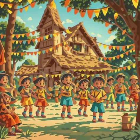 Cartoon illustration of a group of children playing in the village, Cartoon style illustration, A beautiful artwork illustration, Official illustration, Game illustration, colorful kids book illustration, Cartoon illustration, Official artwork, summer fest...