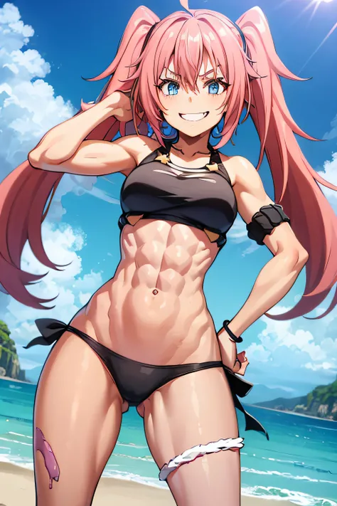 ((female)), (very messy hair), (happy smile), Fangs, ((ripped abs)), toned arms and legs, medium breasts, Excessive sweat, (summer beach scene), bright blue eyes, ( (pink hair)), barefoot, standing