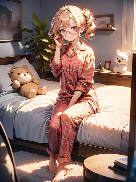 in 8K、top-quality、​masterpiece、ultra-detailliert、Ultra-high resolution、((1 persons))、girl with、a blond、Twin-tailed、Ragged hair、Big round lens glasses、Plaid pajamas、Sit on the bed、Put your hand in your pants、((natta))、plushies