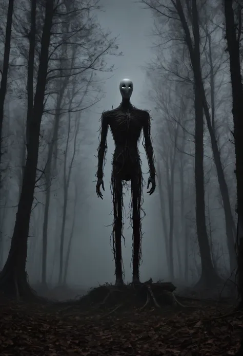 a detailed photo of slenderman in the foreground, in the woods, (fog:1.2), in the night, (dark ambiance:1.3), pov, scary, lugubrious, misterious, centered, mystical, masterpiece, best quality