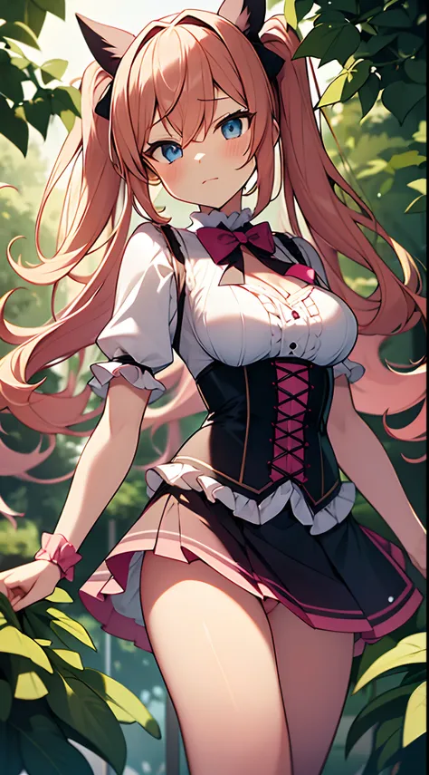 High quality, masutepiece, Ultra-detailed, Pink corset with a small bow in front, very short ruffled skirt, Choker, headless, 1girl in, Solo, Curly blonde hair, Twin-tailed, captivating blue eyes, peaceful expression, Big breasts, White stockings, Panties ...