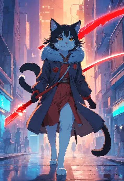 A bipedal cat with grey and black fur, Carrie’s a giant battle ax, wears a adventurous out fit with a leather coat, has a red aura that strengthens him, Anime Key Visual, by Makoto Shinkai, Deep Color, Intricate, 8k resolution concept art, Natural Lighting...