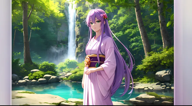 Athena with plain long light purple hair,hair between eyes,green eyes,rosy cheeks,full lips,thin eyebrows,slender body,wearing flowers kimono and full long skirt,cute anime girl,full body,jungle with waterfall in background,anime style,Lumen Reflections,Sc...