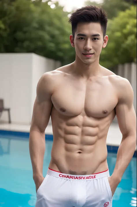 arafed boy in a hip white boxer brief, Full Body Shoot, Quiff haircut, look at camera, detailed facial parts, Manly, Charmer, Active Boy, Pool background, Freestyle Pose, Happy Expression, Sex Manaice, perfect anatomy, symmetric body, asian boy 19 years ol...