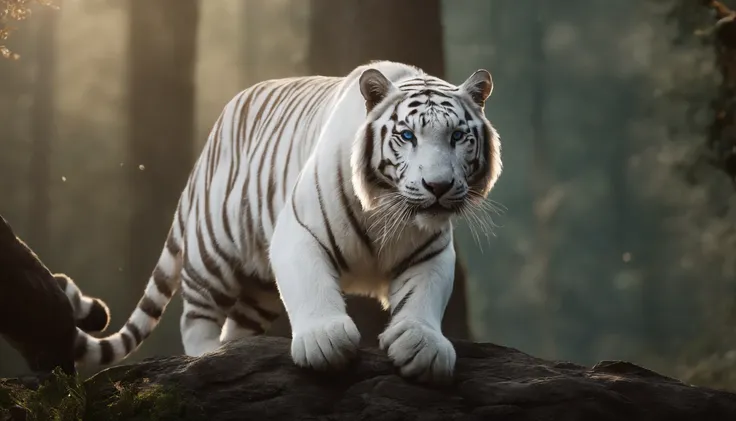 （２White Tiger King：1.5）, Elegant with gray hair,Stand strong， (Solid white: 1.3), (Shining blue eyes), Delicate fur, Finely drawn face, sharpteeth, nice tail, Realistic Forest, Low contrast, (Medium and near focal lengths: 1.3), of the highest quality, Ext...