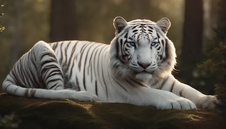 （２White Tiger King：1.5）, Elegant with gray hair,Stand strong， (Solid white: 1.3), (Shining blue eyes), Delicate fur, Finely drawn face, sharpteeth, nice tail, Realistic Forest, Low contrast, (Medium and near focal lengths: 1.3), of the highest quality, Ext...