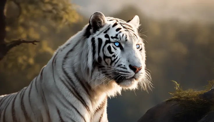 （２White Tiger King：1.5）, Elegant with gray hair,Stand strong， (Solid white: 1.3), (Shining blue eyes), Delicate fur, Finely drawn face, sharpteeth, nice tail, Realistic Forest, Low contrast, (Medium and near focal lengths: 1.3), of the highest quality, Ext...