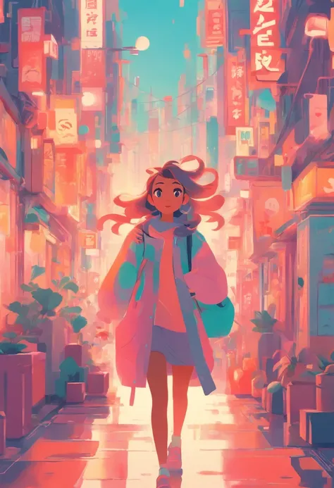 Illustration of a woman walking through the city with various objects, Edit the pastel colors of the illustration, in style of james gilleard, Illustration style, james gilleard artwork, Flat illustration, in style of digital illustration, magazine illustr...