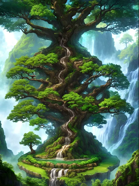 A tree with a waterfall, fantasy tree, magic tree, yggdrasil, tree of life, world tree, big magic tree, magic tree, fantasy magical vegetation, tree of life, detailed fantasy digital art, cosmic tree of life, fantasy art behance, tree of life seeds of doub...