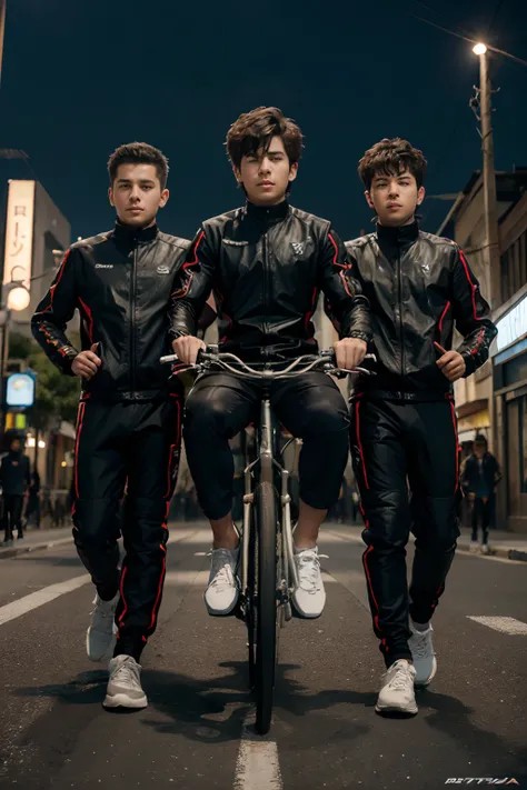 three boys on a bike anime face 8k uitra futuristic background