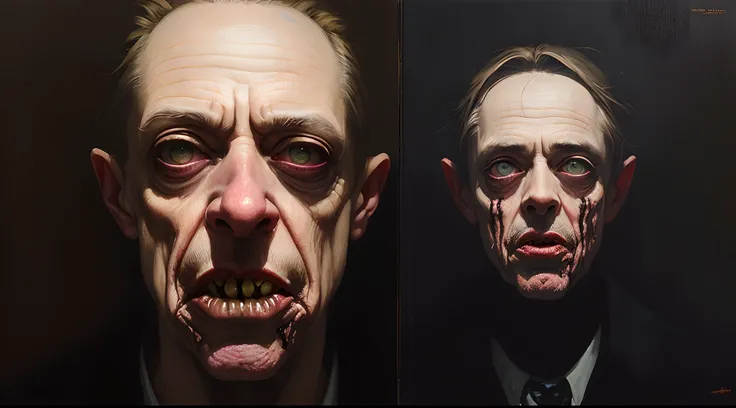 zombified steve buscemi, Noir, horror, finely detailed photorealistic zombified man, grayscale, haunting, hyper-maximalist matte oil on canvas, by peter mohrbacher, Anato Finnstark, John Stephens, Harry Clarke, Ernst Haeckel RHADS, Greg Rutkowski, John Avo...